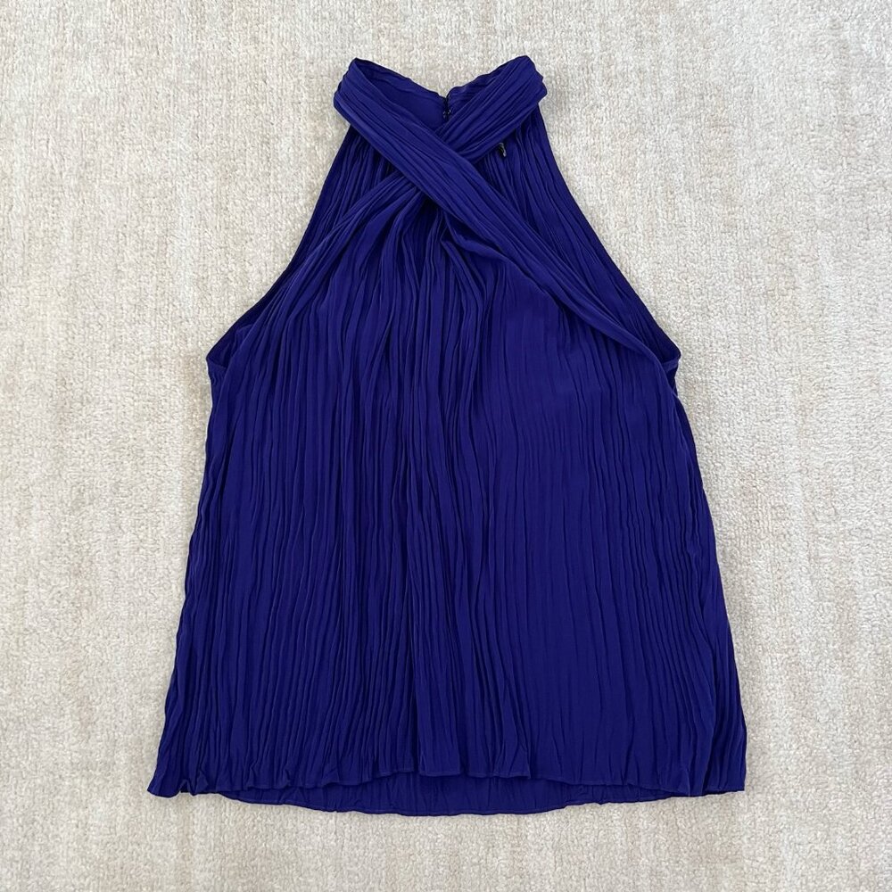 White House Black Market Pleated High Neck Tank Top Sleeveless Blouse 14 Blue